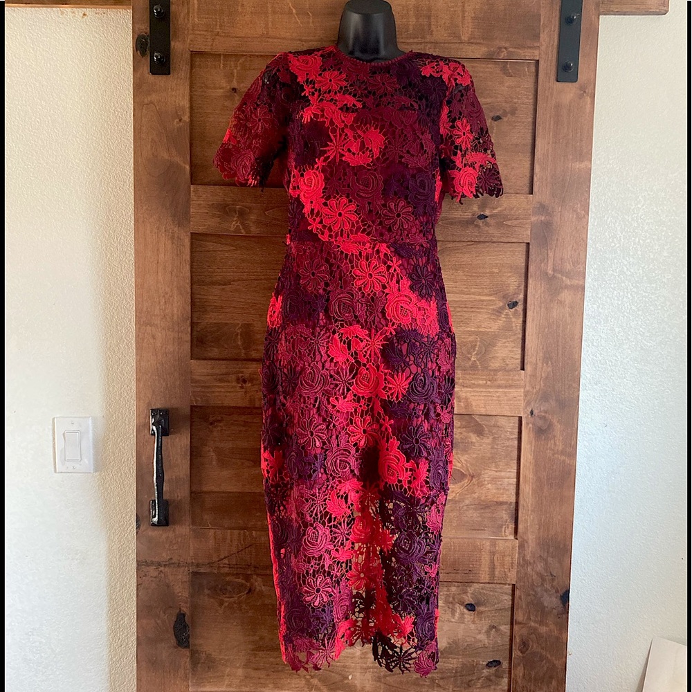 Lulus’s lace midi dress. Different tones of red/burgundy• S